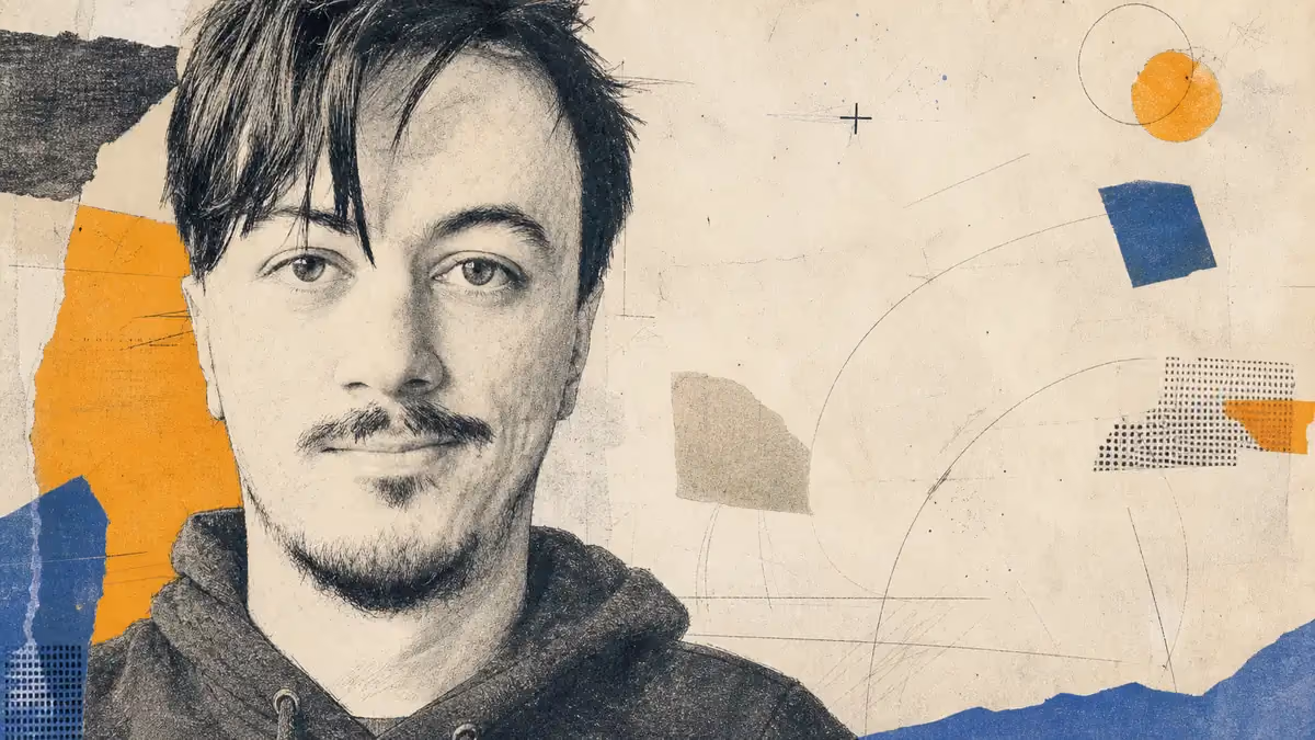 Ilustração: retrato de Gabriel Almir a grafite sobre uma colagem de papéis rasgados, com arcos a lápis e recortes geométricos em azul e laranja.