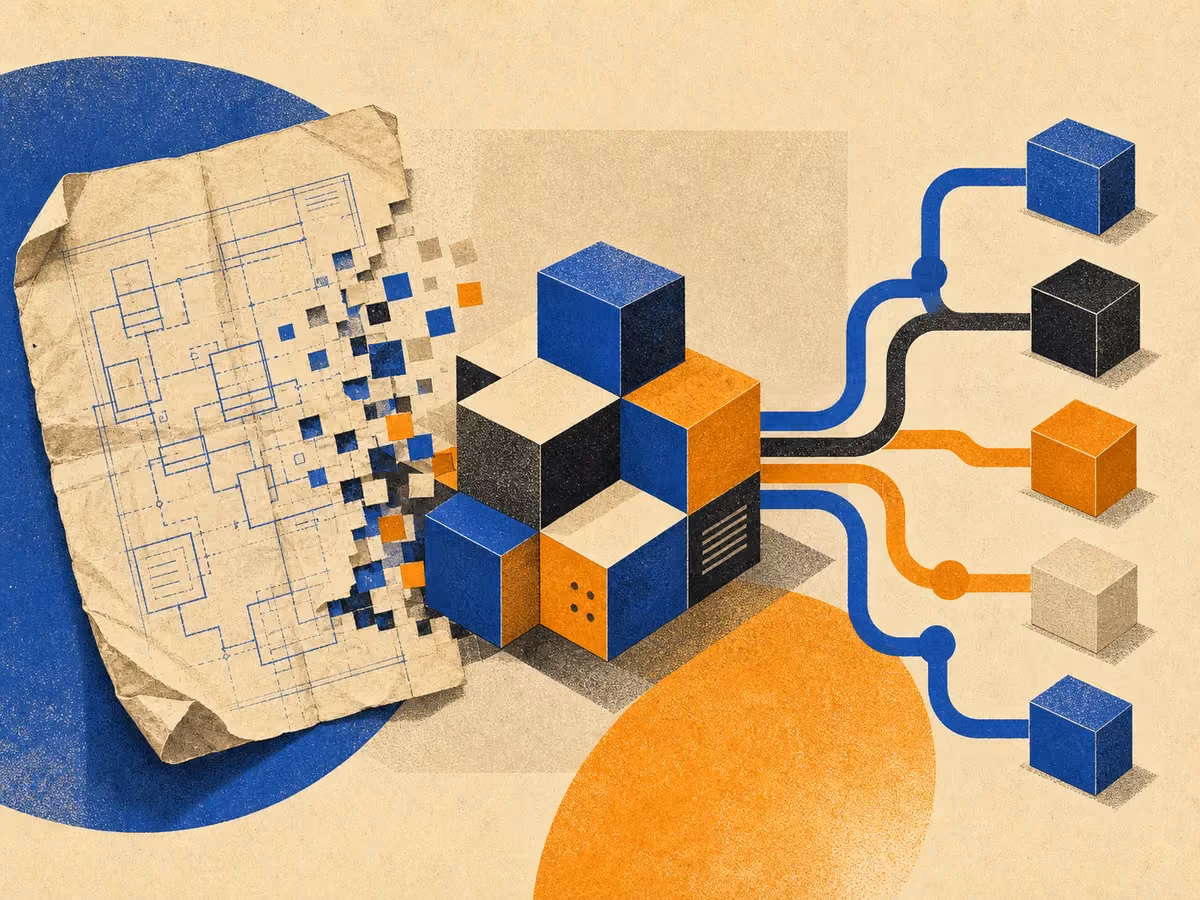 Ilustração de abertura do dossiê MCP AnimagineXL: colagem geométrica em papel, com formas recortadas e linhas de conexão.