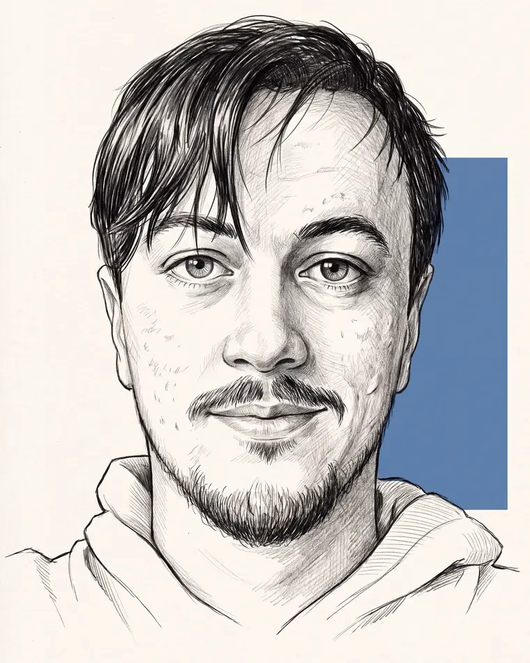 Desenho a grafite de Gabriel Almir, de frente, com meio sorriso, sobre um fundo de papel claro com blocos geométricos ao lado.