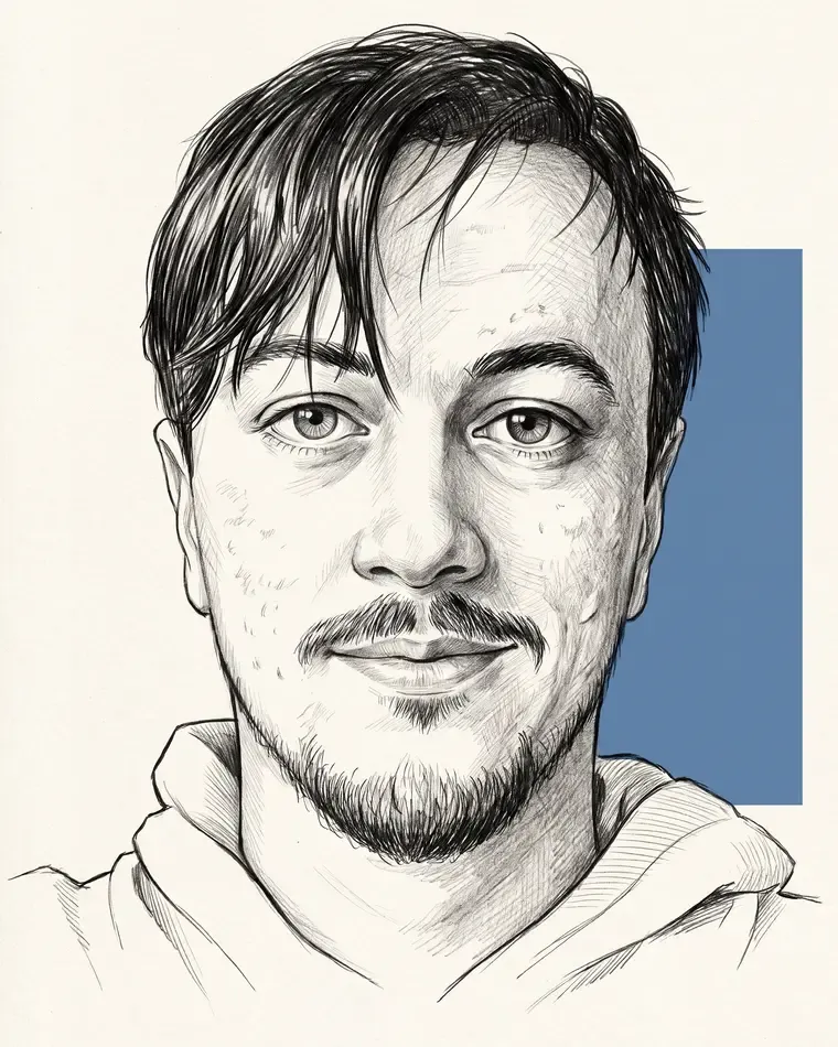 Retrato ilustrado de Gabriel Almir a grafite, de frente, com moletom.