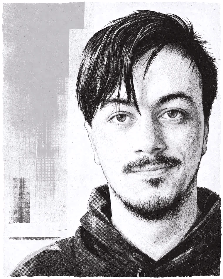 Desenho a grafite de Gabriel Almir, de frente, com meio sorriso, sobre um fundo de papel claro com blocos geométricos ao lado.