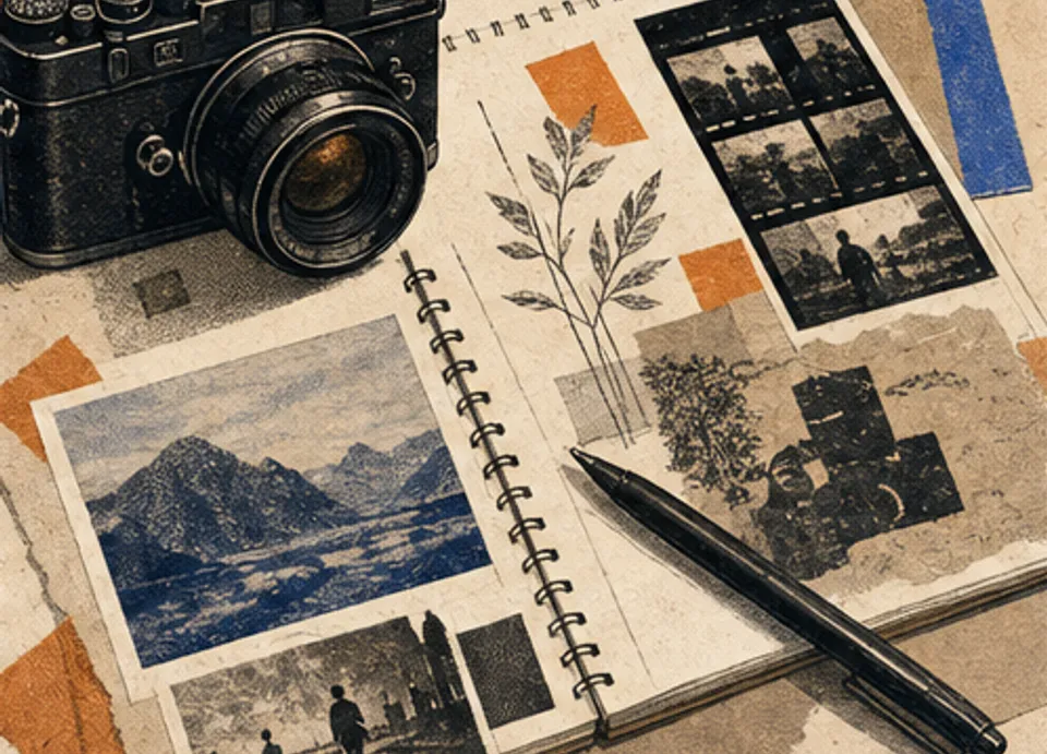 Ilustração editorial de uma mesa de fotografia e diário visual