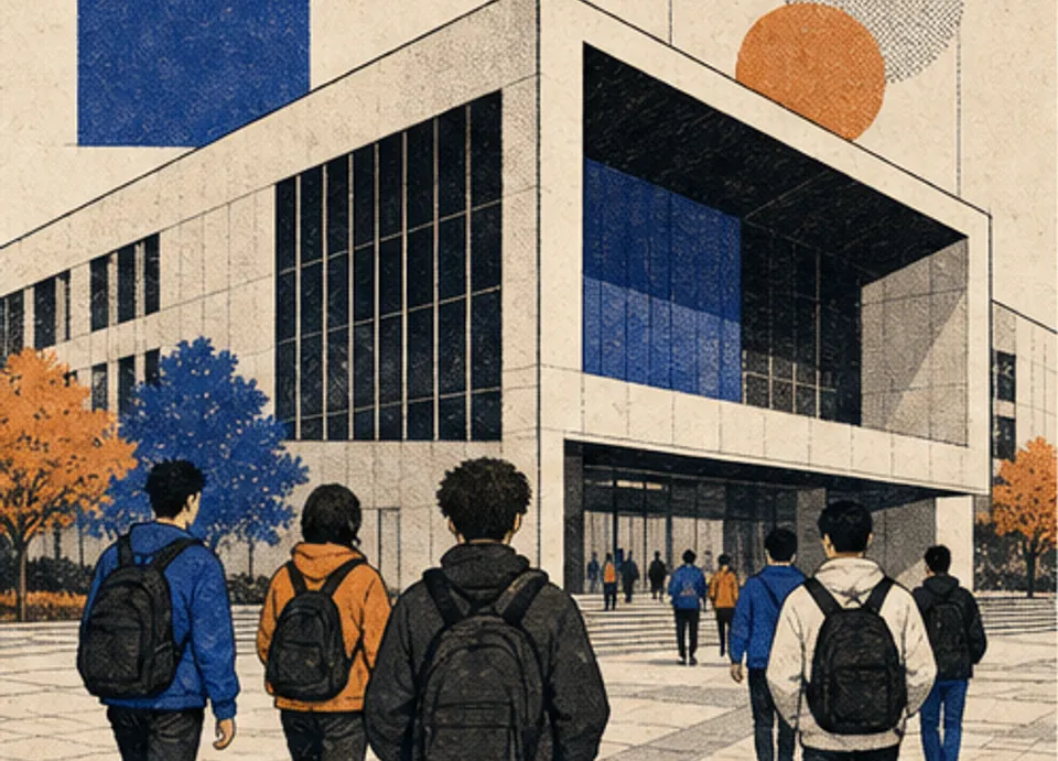 Ilustração editorial de uma faculdade pública recebendo equipes