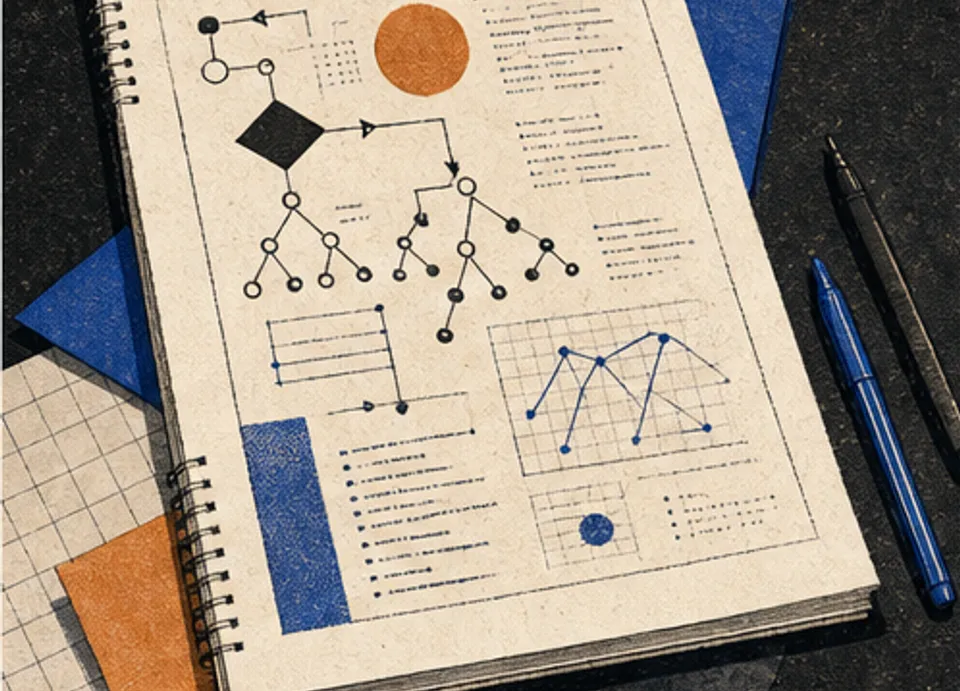 Ilustração editorial de um caderno com problemas algorítmicos